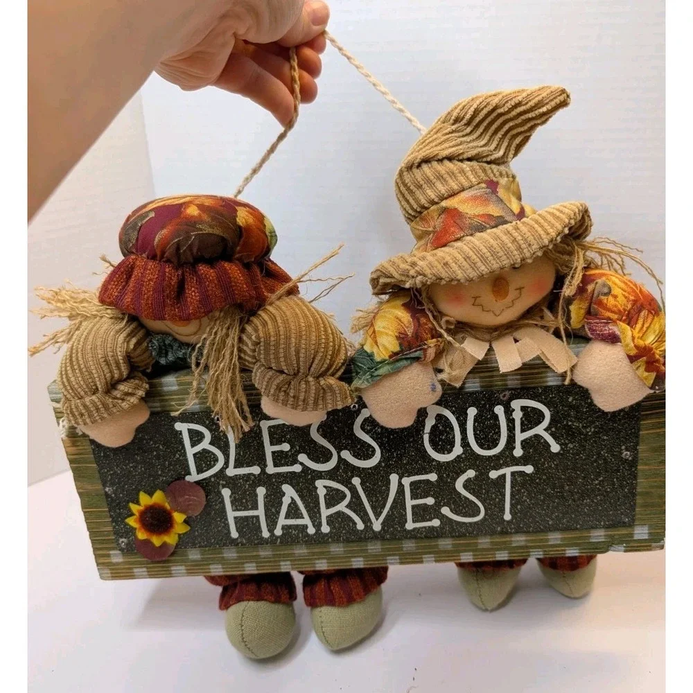Bless Our Harvest Fall Wall Sign Scarecrow Doll Autumn Thanksgiving Decor